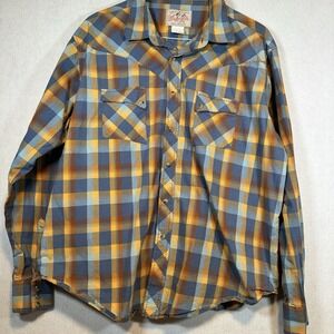 Vintage‎ Wrangler Mens Long Sleeve Snap Plaid Blue Yellow XXL